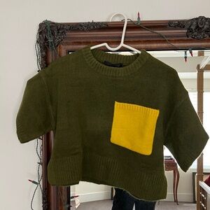 Chic Zara Olive Sweater with Bright Yellow Pocket